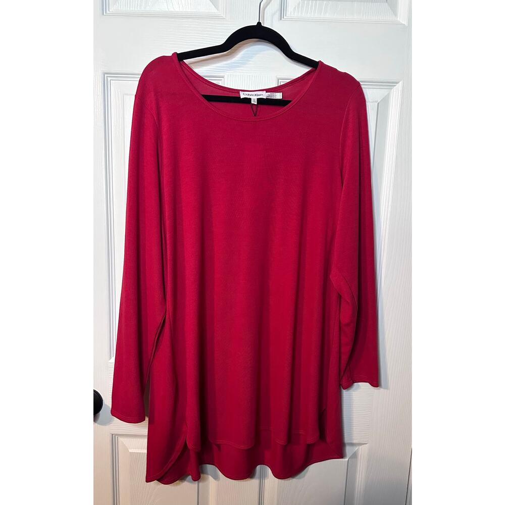 Calvin Klein Women's Red Hi Low Tunic Blouse 1x Flowy Plus Career Top
